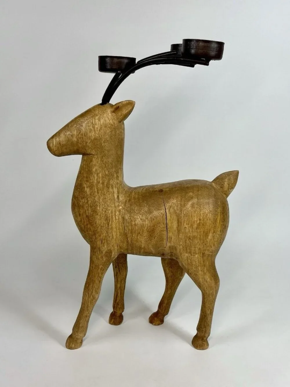 Rustic Carved Wood Reindeer Metal Antlers 3 Tealight Candle Holder Holiday